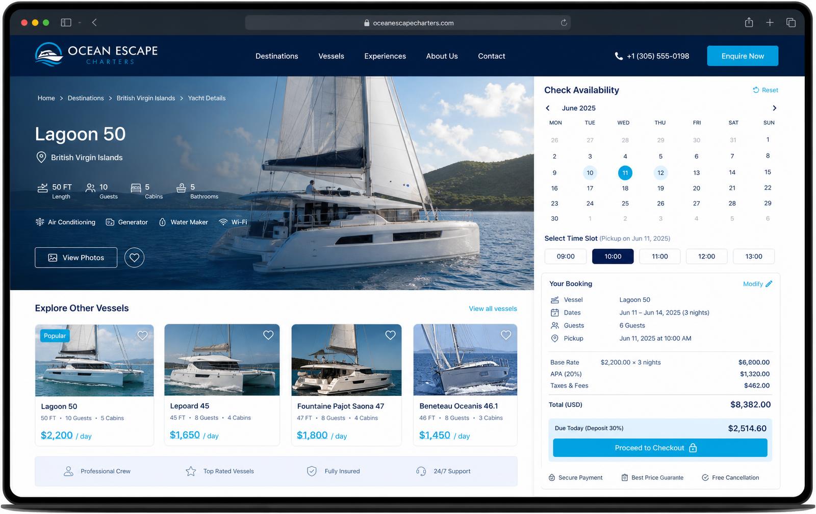 Concept interface for a boat charter booking platform with an availability calendar, vessel cards and a deposit checkout panel
