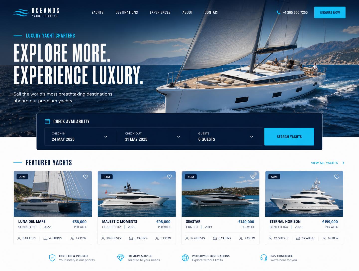 Concept screen of a redesigned yacht charter homepage with an availability search widget and yacht cards showing weekly rates