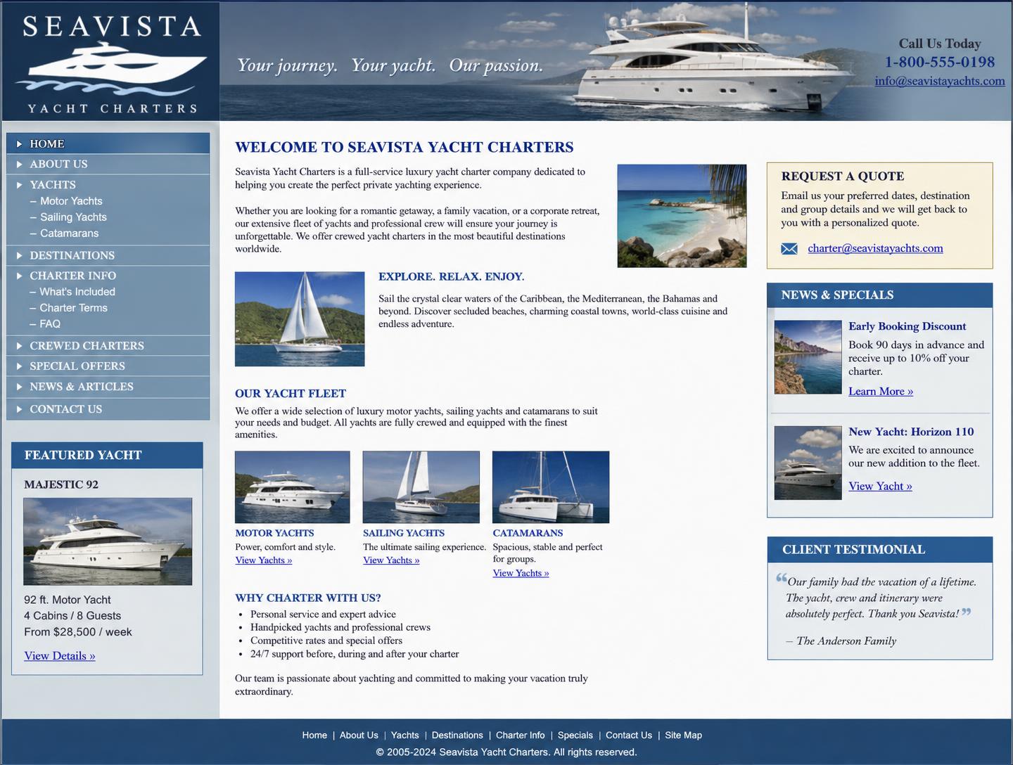 Concept screen of a dated yacht charter website homepage with a cluttered sidebar and an email-only quote request